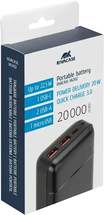 Внешний аккумулятор Rivacase VA2102 20000mAh 22.5W быстрая зарядка PD 20W QC 3.0 SCP Li-Polymer с портами USB-C и USB-A, Цвет: черный
