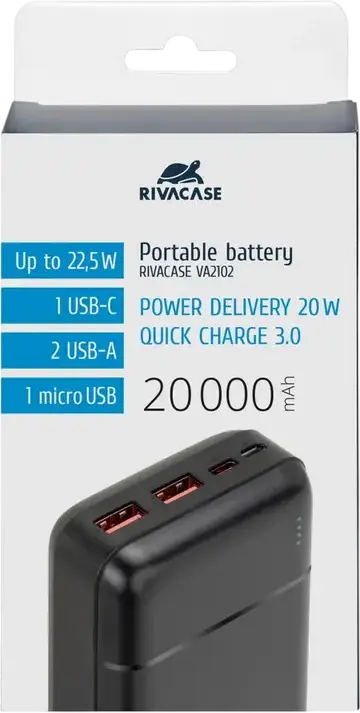 Внешний аккумулятор Rivacase VA2102 20000mAh 22.5W быстрая зарядка PD 20W QC 3.0 SCP Li-Polymer с портами USB-C и USB-A, Цвет: черный