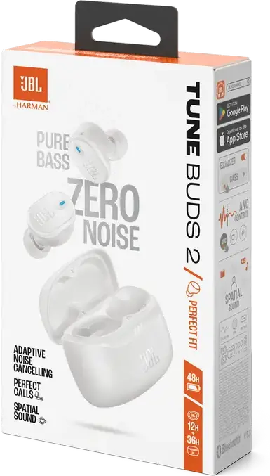 JBL Tune Buds 2 True Wireless Earbuds, White, Adaptive Noise Cancelling, Pure Bass & Spatial Sound, 48h Total Battery, Bluetooth 5.3, IP54, 10mm Drivers