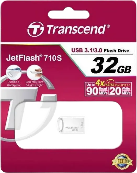 Transcend JetFlash 710 32 GB Ultra-Small USB 3.1 Flash Drive, Slim Durable Waterproof Design, Read Speed up to 90 MB/s, Silver, Limited Lifetime Warranty