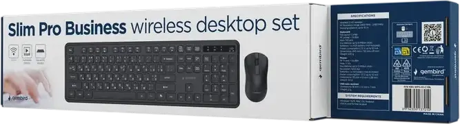 Set Desktop Wireless Gembird Slim Pro Business KBS-WPS-01, Negru, Tastatură Membrană Full-size 105 taste (Layout Engleză, Rusă) și Mouse Optic 1200 dpi cu 3 butoane și receptor USB