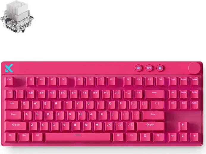 Tastatură Gaming MCHOSE Mix 87 cu Switch-uri Magnetice Hall Effect (Mount Tai Magnetic Switch GT), Rata de Sondare 8000Hz, Rapid Trigger RT, SOCD, Keycaps PBT, RGB, Roșu Roz, Conexiune USB Type-C