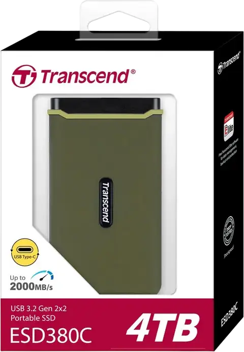 Transcend ESD380C Portable SSD 4TB USB-C 3.2 Gen 2x2 External Solid State Drive 2000MB/s Read/Write 3D NAND Aluminum Shock-Resistant Military Green