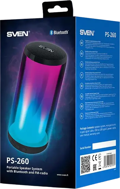 SVEN PS-260 Portable Bluetooth 5.0 Speaker, Black, 10W RMS, 2000mAh Battery, 20h Playtime, RGB Lighting, FM Radio, TWS, microSD, USB, AUX, 52mm Driver