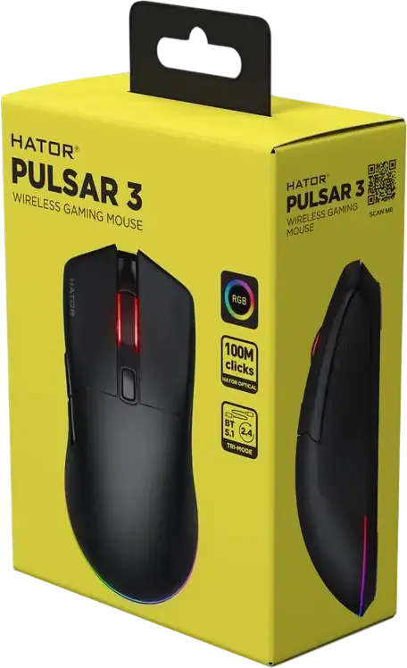 HATOR Pulsar 3 Wired Gaming Mouse, Black, PixArt PMW 3311 Optical Sensor, 12,000 DPI, HATOR Optical 100M Switches, RGB Backlight, PTFE Glides, 62g, USB Paracord Cable