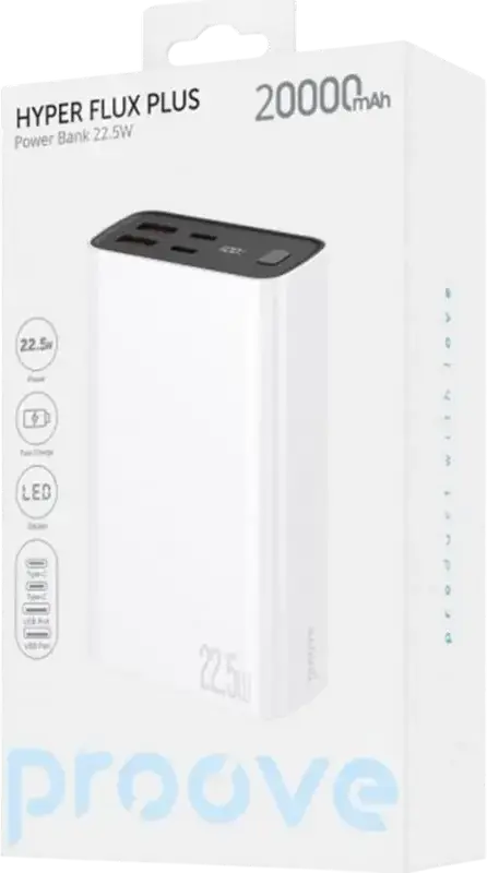 Baterie Externa Proove Hyper Flux Plus 20000mAh, Albă, Încărcare Rapidă 22.5W, PD AFC FCP SCP QC 3.0, Afișaj Digital LED, Finisaj Gradient ABS+PC, Porturi USB-C și USB-A