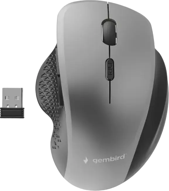 Беспроводная оптическая мышь Gembird MUSW-6B-02, серая/черная, 6 кнопок, регулируемое разрешение 800/1200/1600 DPI, Nano USB-приемник 2.4 ГГц, дистанция до 10 м