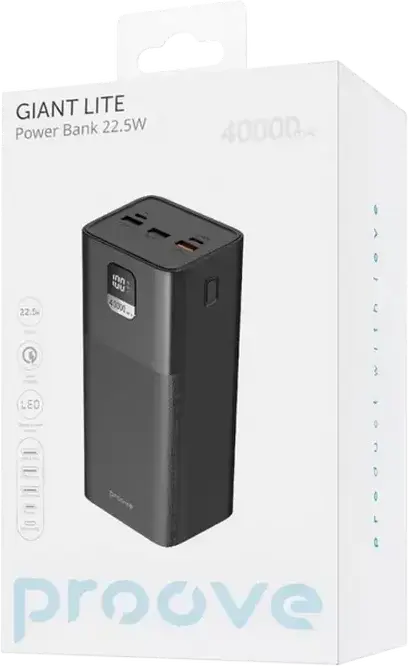 Proove Giant Lite 40000mAh Power Bank, 22.5W Fast Charging PD QC, LCD Display, 5 Output Ports, Laptop Charging Support, ABS+PC, Color: Black
