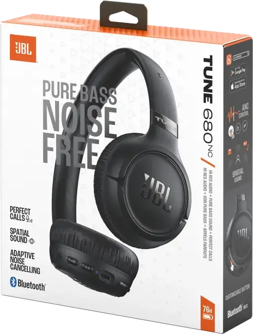 JBL Tune 680NC Wireless/Wired On-Ear Headphones, Black, Adaptive Active Noise Cancelling, Pure Bass Sound, Spatial Sound, 76h Battery, 1.2m Cable, Multipoint Connection