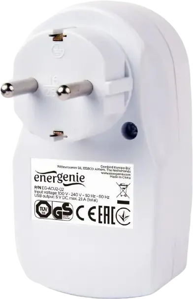 Energenie EG-ACU2-02 Dual USB Charger Adapter with AC Pass-through Socket, 5V 2.1A Total Output, Short Circuit & Overload Protection, Color: White
