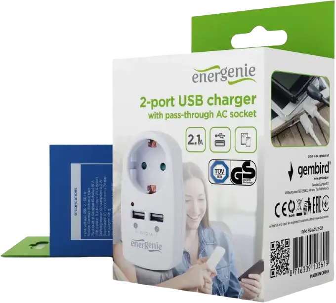 Energenie EG-ACU2-02 Dual USB Charger Adapter with AC Pass-through Socket, 5V 2.1A Total Output, Short Circuit & Overload Protection, Color: White