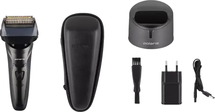 Polaris PMF1016RC Wet & Dry 7D PROF 4+ Foil Shaver, 4 Floating Heads, Li-ion Battery, Digital Display, Charging Stand, Power Adapter, Cable, Protective Cap, Cleaning Brush, Storage Case, Black