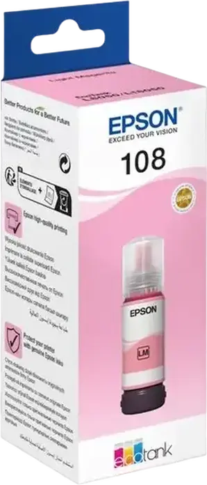 Epson 108 EcoTank Light Magenta Dye-based Ink Bottle 70ml for L8050 L18050 Photo Printers, High Yield 6-Color Set for Natural Skin Tones
