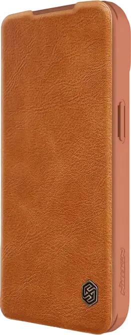 Husa Nillkin Qin Pro pentru iPhone 15 Plus, Maro, Cover Tip Carte din Piele PU și TPU cu Protectie Glisanta CamShield si Compartimente pentru Carduri