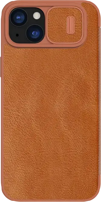 Husa Nillkin Qin Pro pentru iPhone 15 Plus, Maro, Cover Tip Carte din Piele PU și TPU cu Protectie Glisanta CamShield si Compartimente pentru Carduri