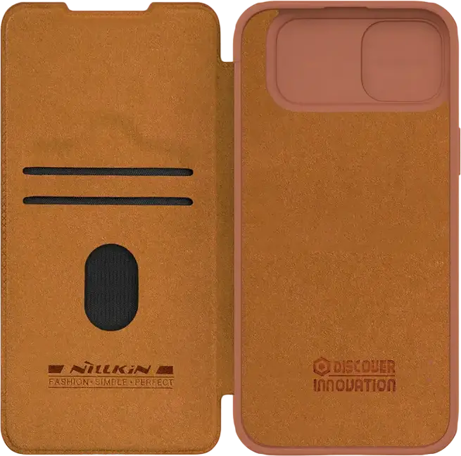 Husa Nillkin Qin Pro pentru iPhone 15 Plus, Maro, Cover Tip Carte din Piele PU și TPU cu Protectie Glisanta CamShield si Compartimente pentru Carduri
