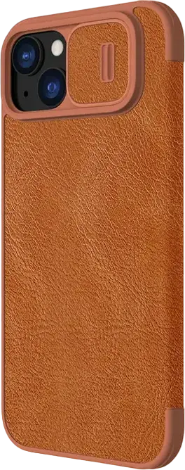Husa Nillkin Qin Pro pentru iPhone 15 Plus, Maro, Cover Tip Carte din Piele PU și TPU cu Protectie Glisanta CamShield si Compartimente pentru Carduri