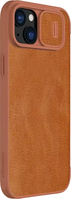 Husa Nillkin Qin Pro pentru iPhone 15 Plus, Maro, Cover Tip Carte din Piele PU și TPU cu Protectie Glisanta CamShield si Compartimente pentru Carduri