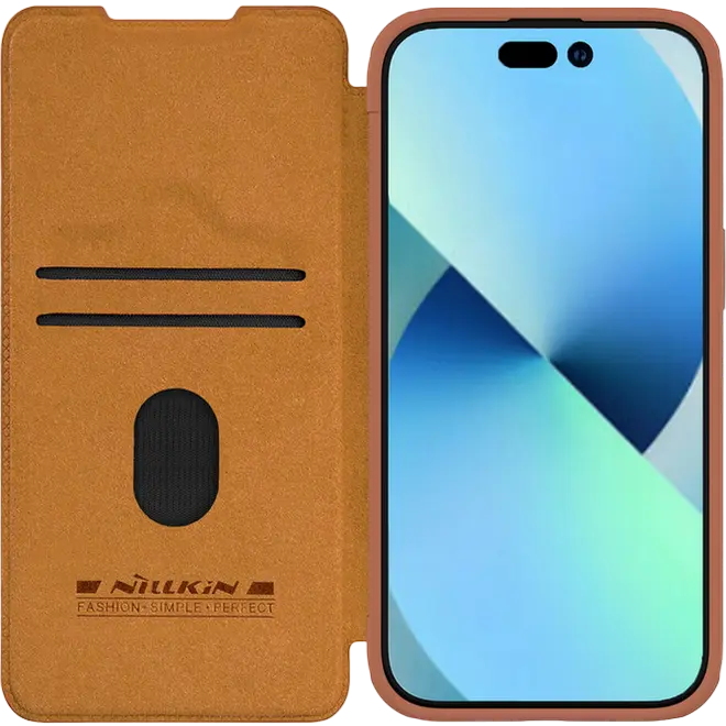 Husa Nillkin Qin Pro pentru iPhone 15 Plus, Maro, Cover Tip Carte din Piele PU și TPU cu Protectie Glisanta CamShield si Compartimente pentru Carduri