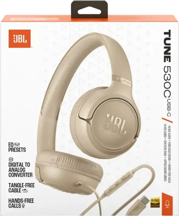 Cască On-Ear JBL Tune 530C, Conexiune USB, Bej, Audio Hi-Res, JBL Pure Bass, Difuzoare 33mm, Microfon Integrat, Design Pliabil