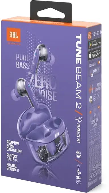 Casca JBL Tune Beam 2 Ghost Edition True Wireless, Violet, Anulare Adaptivă a Zgomotului, Drivere Dinamice 10mm, Pure Bass Sound, Baterie 48h, IP54, Bluetooth 5.3