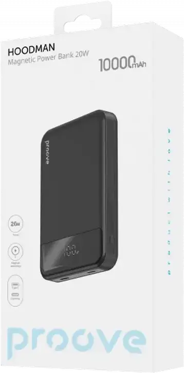 Proove Hoodman Magnetic Power Bank 10000mAh 20W Fast Charging, Black, MagSafe Compatible Wireless Qi Charger, PD QC 2.0-5.0, LED Display, Type-C & Lightning