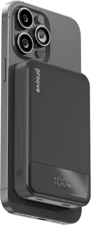 Proove Hoodman Magnetic Power Bank 10000mAh 20W Fast Charging, Black, MagSafe Compatible Wireless Qi Charger, PD QC 2.0-5.0, LED Display, Type-C & Lightning