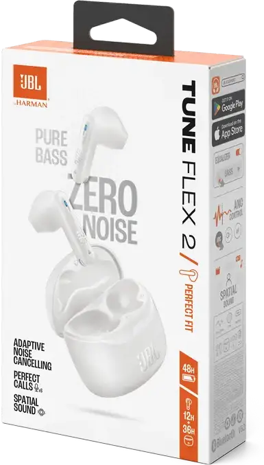JBL Tune Flex 2 True Wireless Earbuds, White, Adaptive Noise Cancelling ANC, JBL Pure Bass & Spatial Sound, Smart Ambient, 48h Battery, Water & Dust Resistant