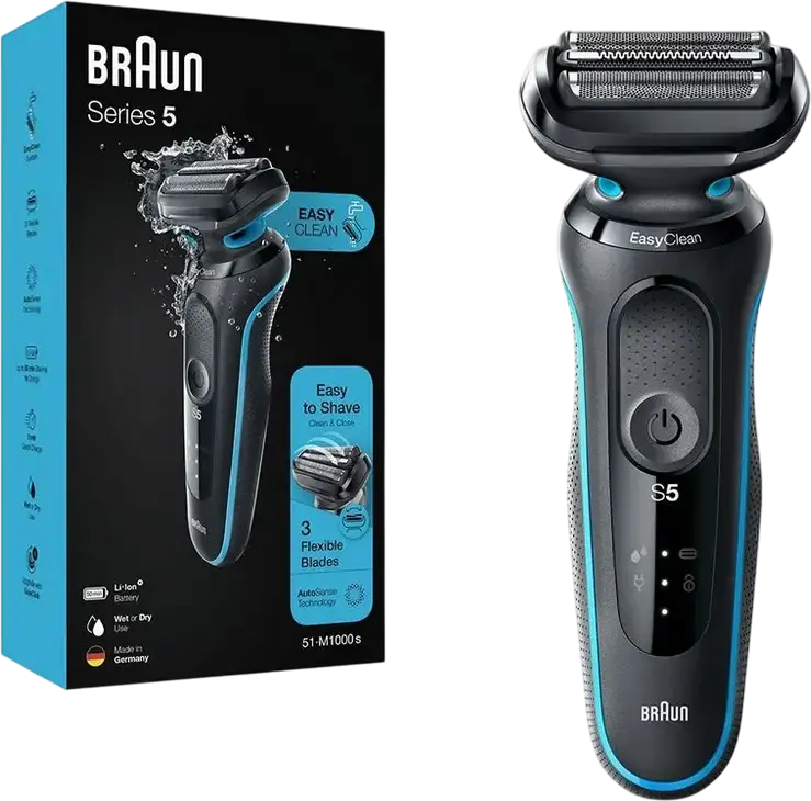 Braun Series 5 51-M1000s Electric Foil Shaver, Black and Blue, Wet & Dry, AutoSense Technology, EasyClean System, Li-Ion Battery, Waterproof, Made in Germany, with Charger, Protective Cap, Cleaning Brush