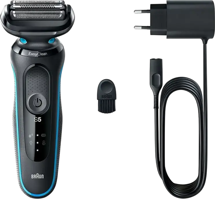 Braun Series 5 51-M1000s Electric Foil Shaver, Black and Blue, Wet & Dry, AutoSense Technology, EasyClean System, Li-Ion Battery, Waterproof, Made in Germany, with Charger, Protective Cap, Cleaning Brush