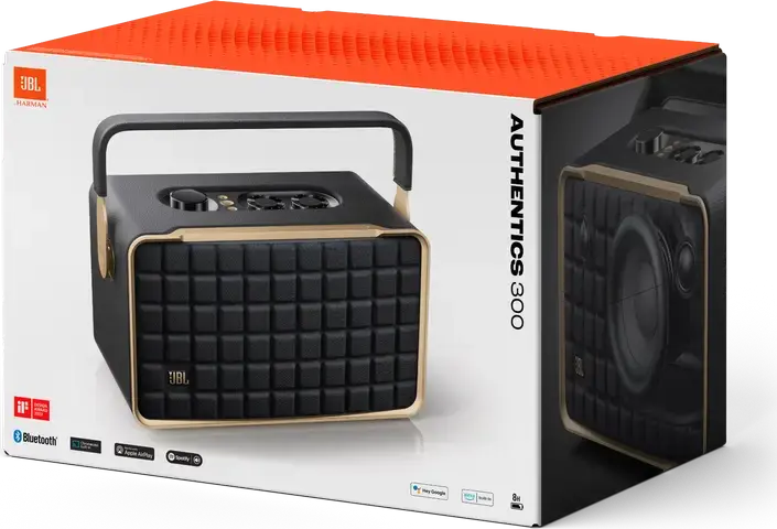 Портативная смарт-колонка JBL Authentics 300, ретро-дизайн, 100 Вт RMS, Wi-Fi, Bluetooth 5.3, AirPlay, Chromecast, Google Assistant и Alexa, Цвет: черный