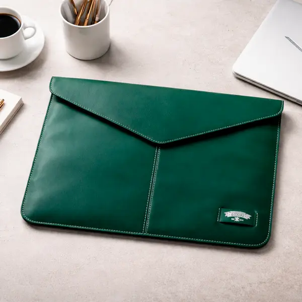 Husa pentru laptop Baggins Magnet din piele naturala pentru 14 inch, interior din catifa, closure magnetic, rezistenta la apa, fabricata manual, Verde