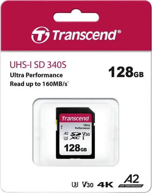 Card de Memorie Transcend SDXC 340S 128GB, UHS-I U3 V30 A2, 3D NAND, Citire pana la 160MB/s, Scriere pana la 90MB/s, Rezistent la apa si socuri, TS128GSDC340S