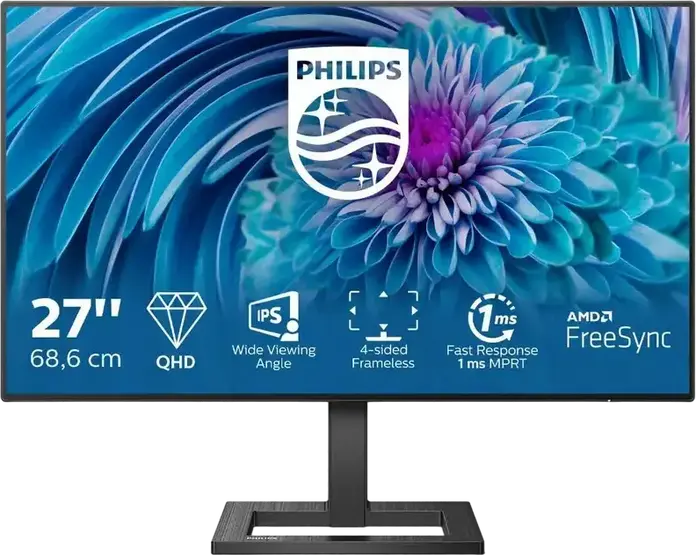 Monitor Philips 275E2FAE 27 inch WQHD, 16:9, Panou IPS, 2560x1440, 75Hz, 1ms MPRT, Design 4-Sided Frameless, Adaptive-Sync, Boxe Integrate, Reglabil Înălțime, Negru