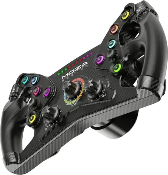 Vol MOZA KS de 300mm stil GT Butterfly, Fibra de Carbon și Aluminiu, 10 Butoane RGB, Palete Magnetice, Dublu Ambreiaj, compatibil cu baze MOZA non-wireless
