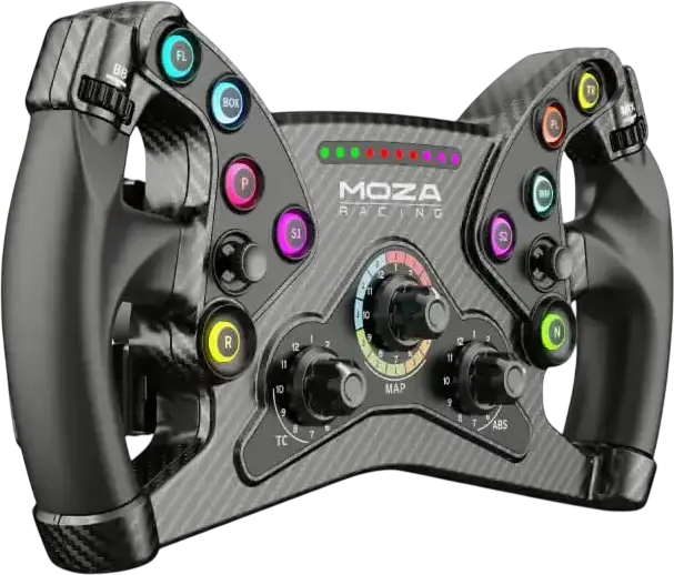 Vol MOZA KS de 300mm stil GT Butterfly, Fibra de Carbon și Aluminiu, 10 Butoane RGB, Palete Magnetice, Dublu Ambreiaj, compatibil cu baze MOZA non-wireless