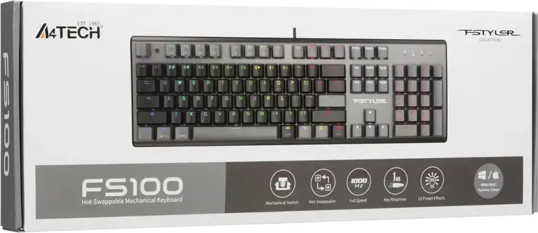 Механическая клавиатура A4Tech Fstyler FS100, линейные переключатели Hot-Swap, RGB подсветка, алюминиевый корпус, N-Key Rollover, проводная USB, черный