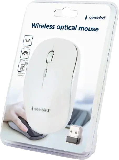 Gembird MUSW-4B-01 Wireless Optical Mouse, 2.4 GHz Nano USB Receiver, Adjustable 800/1200/1600 DPI, 4 Buttons, Ambidextrous Design, White