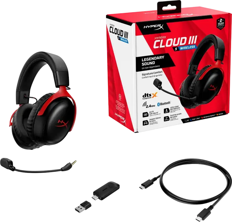 Casca Gaming HyperX Cloud III S Wireless, Wireless și Bluetooth, Drivere Dinamice 53mm, Conectivitate 2.4GHz și Bluetooth 5.3, Baterie până la 200h, Pernițe Memory Foam, PC PS5 Mac Switch