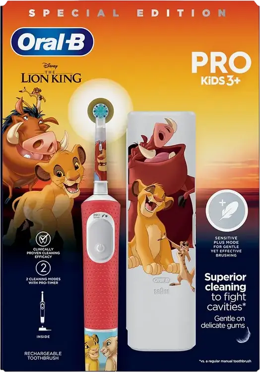 Periuță de dinți electrică Oral-B Pro Kids Lion King Special Edition, Curățare Rotațională 2D, 2 Moduri, Cap Extra Soft, Temporizator, Compatibilă Aplicație Disney, Cap Periuță, Bază de Încărcare, Etui de Călătorie, 4 Autocolante