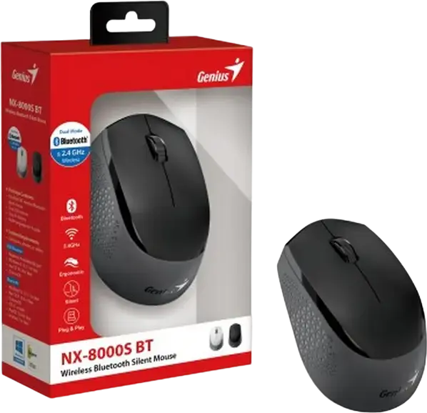 Genius NX-8000S BT Wireless Silent Mouse, Black, Dual Mode Bluetooth 5.3 & 2.4GHz Wireless RF, 1200 DPI Optical Sensor, Multi-Device Support, Ergonomic Ambidextrous Design