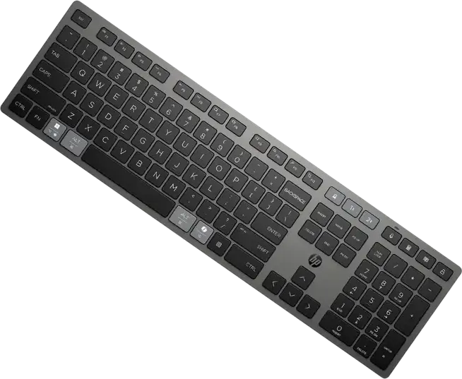 HP 725 Multi-Device Rechargeable Wireless Membrane Keyboard, Bluetooth & 2.4 GHz, USB Type-C Fast Charge Supercapacitor, Microsoft Copilot Key, Black