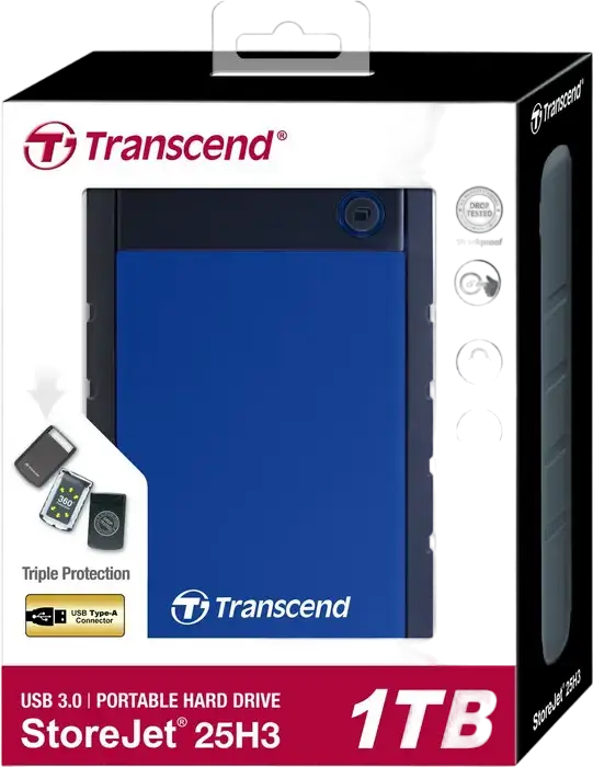Transcend StoreJet 25H3B Portable External Hard Drive 2.5" HDD USB 3.1 Gen 1, Grey/Blue, MIL-STD-810G Shock Protection, One-touch Backup, AES Encryption