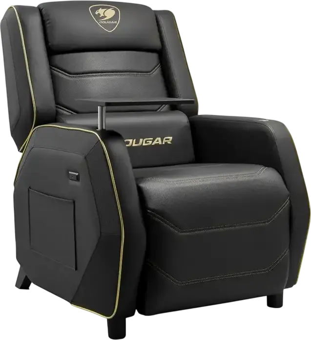 Cougar Ranger Pro Royal Gaming Sofa CGR-RGP-GLB, PVC Leather, Steel Frame, 160kg Capacity, Foldable Footrest, Swivel Table, USB Type-C, Black Gold
