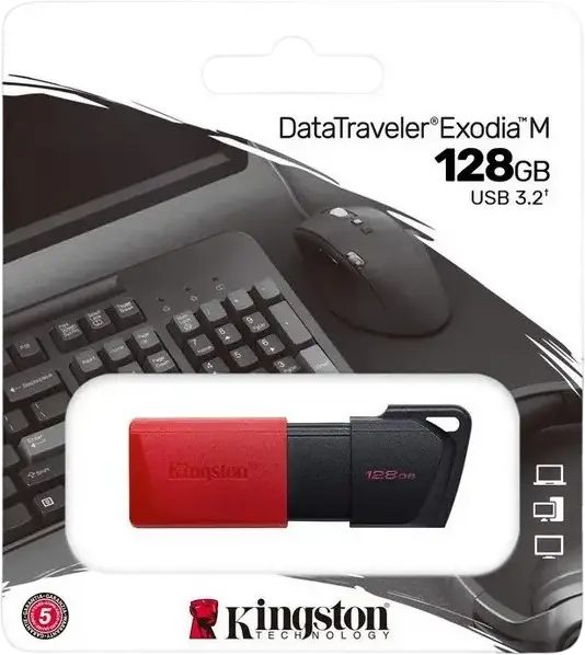 Stick USB Kingston DataTraveler Exodia M 128GB USB 3.2 Gen 1, Negru/Roșu, Design Fără Capac cu Mecanism Culisant și Buclă pentru Breloc, Stocare Portabilă pentru PC și Laptop