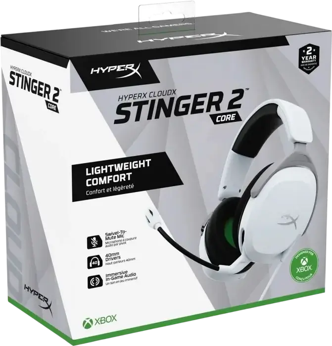HyperX CloudX Stinger 2 Core Gaming Headset for Xbox Series X|S and Xbox One, Wired 3.5mm, 40mm Dynamic Drivers, Noise-Cancelling Swivel-to-Mute Mic, Color: White