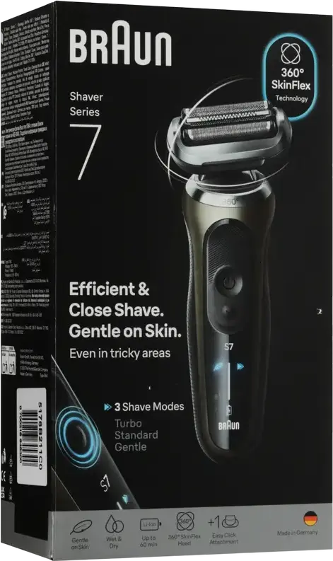 Aparat de Ras Electric Braun Series 7 72-C1200s cu Sita, Cap Adaptabil SkinFlex 360°, 3 Lame Flex, Wet & Dry Impermeabil, Baterie Li-ion, Made in Germany