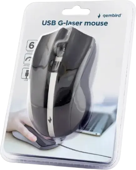 Gembird MUS-GU-02 Wired Laser Mouse, 800-2400 DPI Adjustable Resolution, 6 Buttons with Forward/Backward, USB Interface, Right-Handed, Black