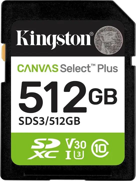 Kingston Canvas Select Plus SD Card 512 GB SDS3 UHS-I Class 10 U3 V30 High Speed Memory Card, Waterproof X-Ray Proof, for Full HD 1080p Video and Photos