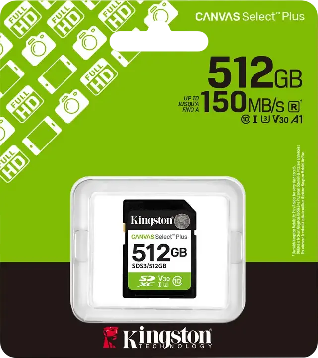 Kingston Canvas Select Plus SD Card 512 GB SDS3 UHS-I Class 10 U3 V30 High Speed Memory Card, Waterproof X-Ray Proof, for Full HD 1080p Video and Photos
